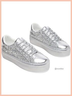 Glitter Platform Sneakers Lace-Up Chunky Low-Top Tennis Walking Shoes